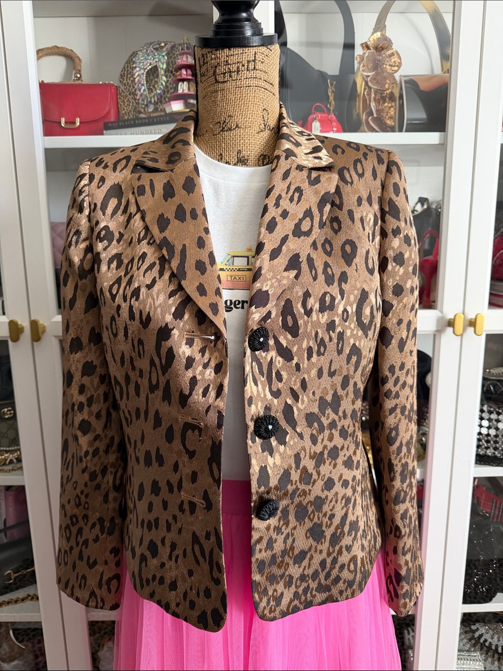 Le Suit Leopard Print Satin Blazer in Brown and Black